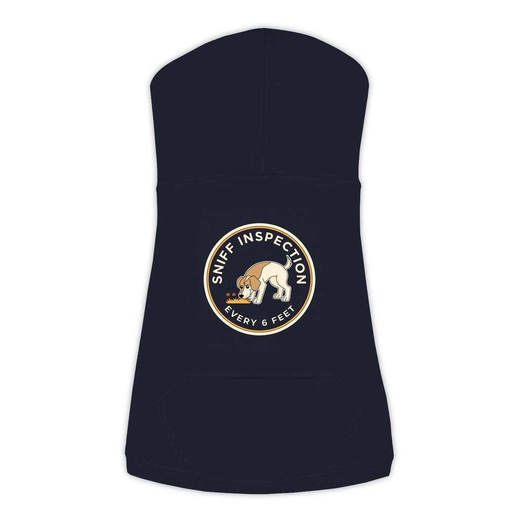 Sniff Inspection Dog Hoodie in Navy, sizes L-3XL — funny dog walk print