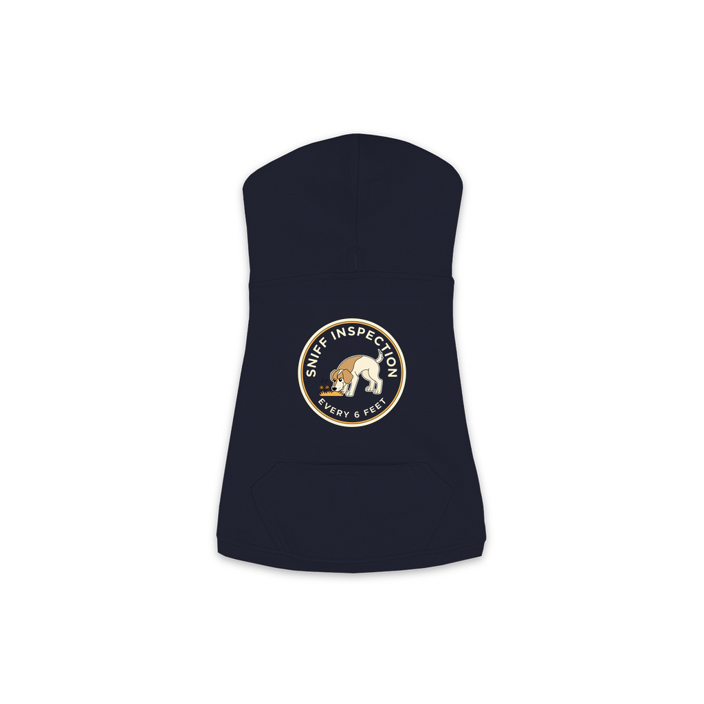 Sniff Inspection Dog Hoodie in Navy, sizes XS-M — funny dog walk print