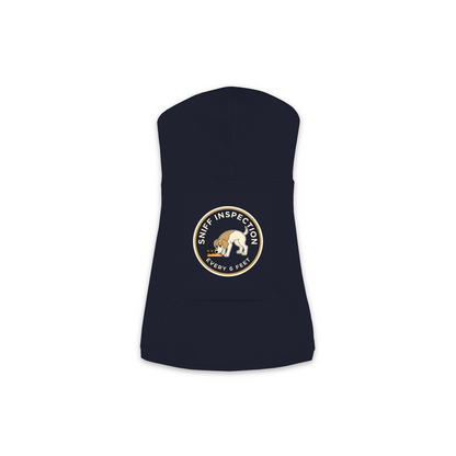 Sniff Inspection Dog Hoodie in Navy, sizes XS-M — funny dog walk print