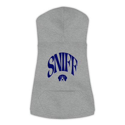 Sniff Hoodie in Granite Heather, size L, bold SNIFF wordmark graphic with Beagle icon