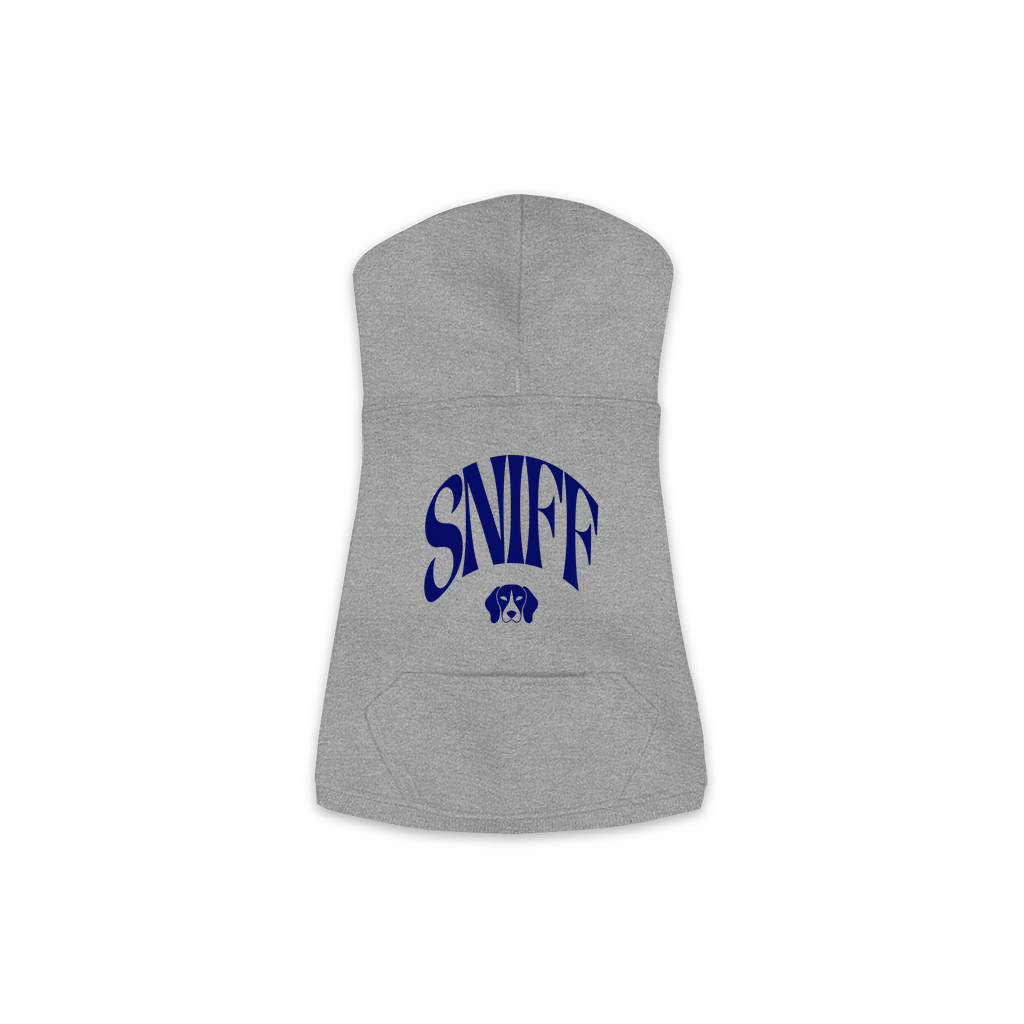 Sniff Hoodie in Granite Heather, size M, bold SNIFF wordmark graphic with Beagle icon