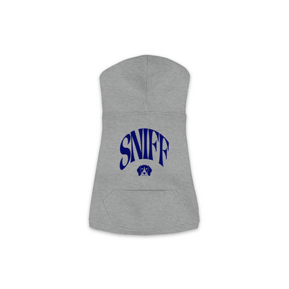 Sniff Hoodie in Granite Heather, size M, bold SNIFF wordmark graphic with Beagle icon
