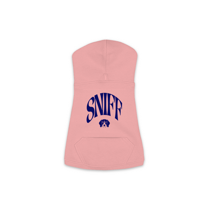 Sniff Hoodie in Mauvelous, size M, bold SNIFF wordmark graphic with Beagle icon