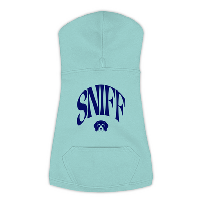 Sniff Hoodie in Saltwater, size L, bold SNIFF wordmark graphic with Beagle icon