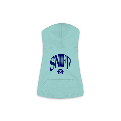 Sniff Hoodie in Saltwater, size M, bold SNIFF wordmark graphic with Beagle icon