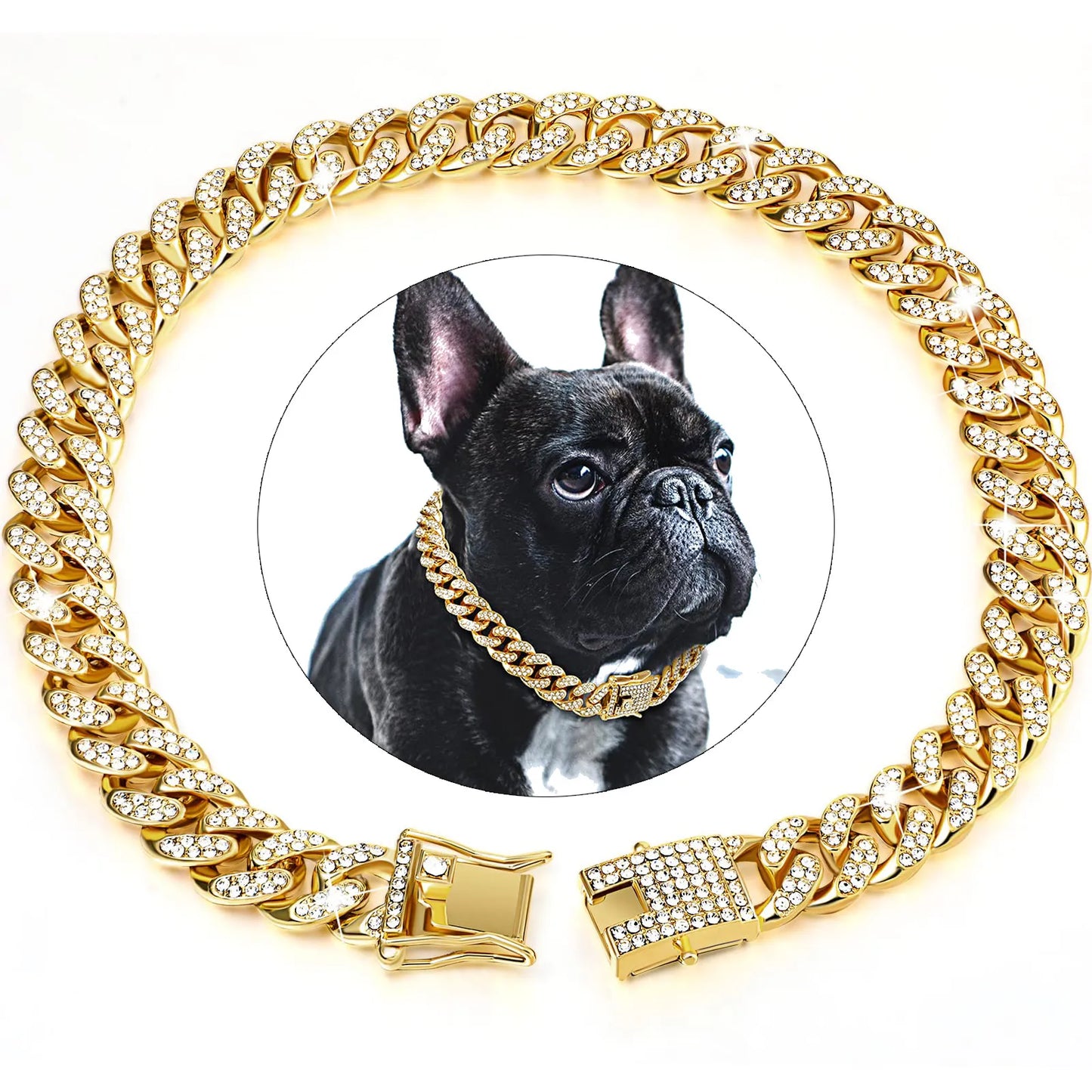 SniffWaggleNWalk IceLink diamond cuban chain dog collar with secure buckle, hero shot