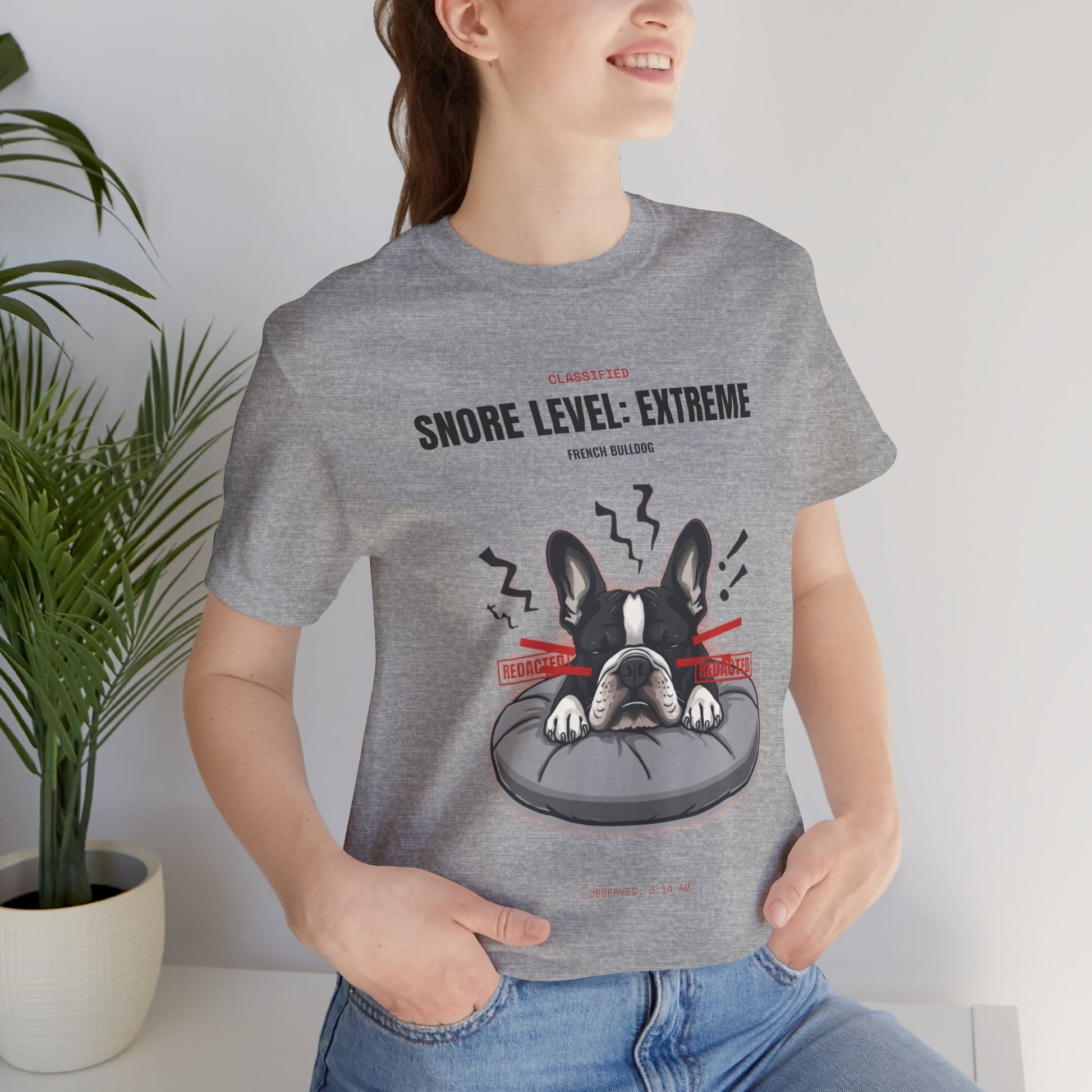 Snore Level Extreme French Bulldog t-shirt, flat lay