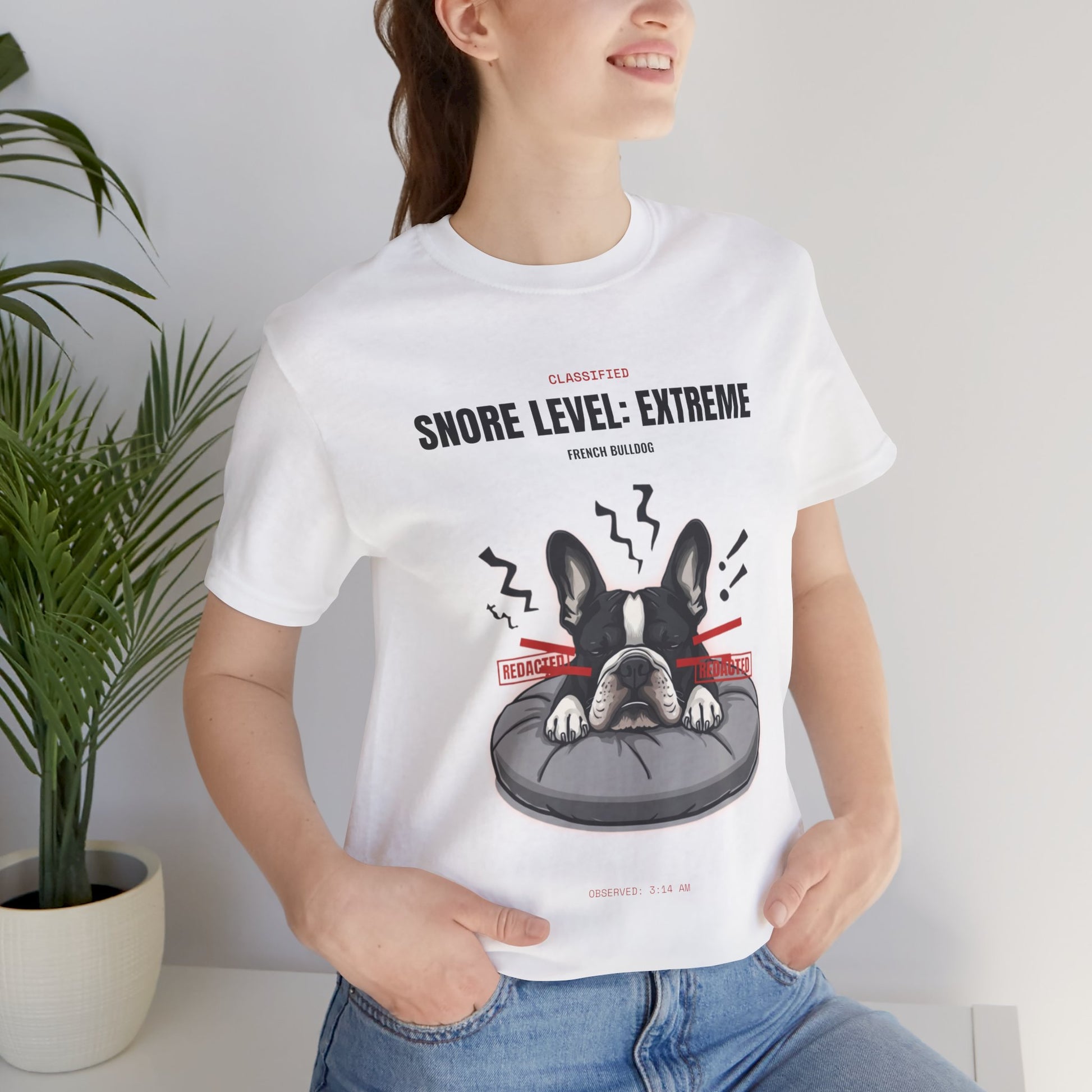 Snore Level Extreme French Bulldog t-shirt, front view, white
