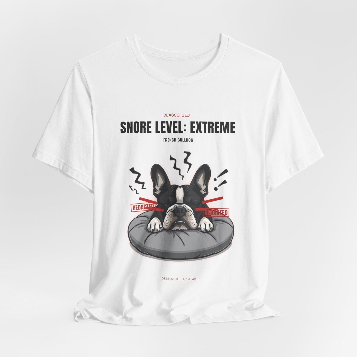 Snore Level Extreme French Bulldog t-shirt worn by model, lifestyle shot
