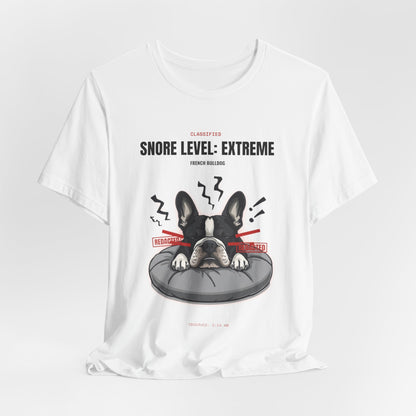 Snore Level Extreme French Bulldog t-shirt worn by model, lifestyle shot