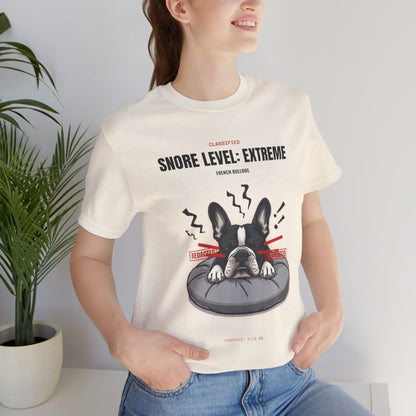 Snore Level Extreme French Bulldog t-shirt worn by model, close-up