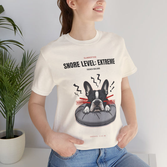 Snore Level Extreme French Bulldog t-shirt worn by model, close-up