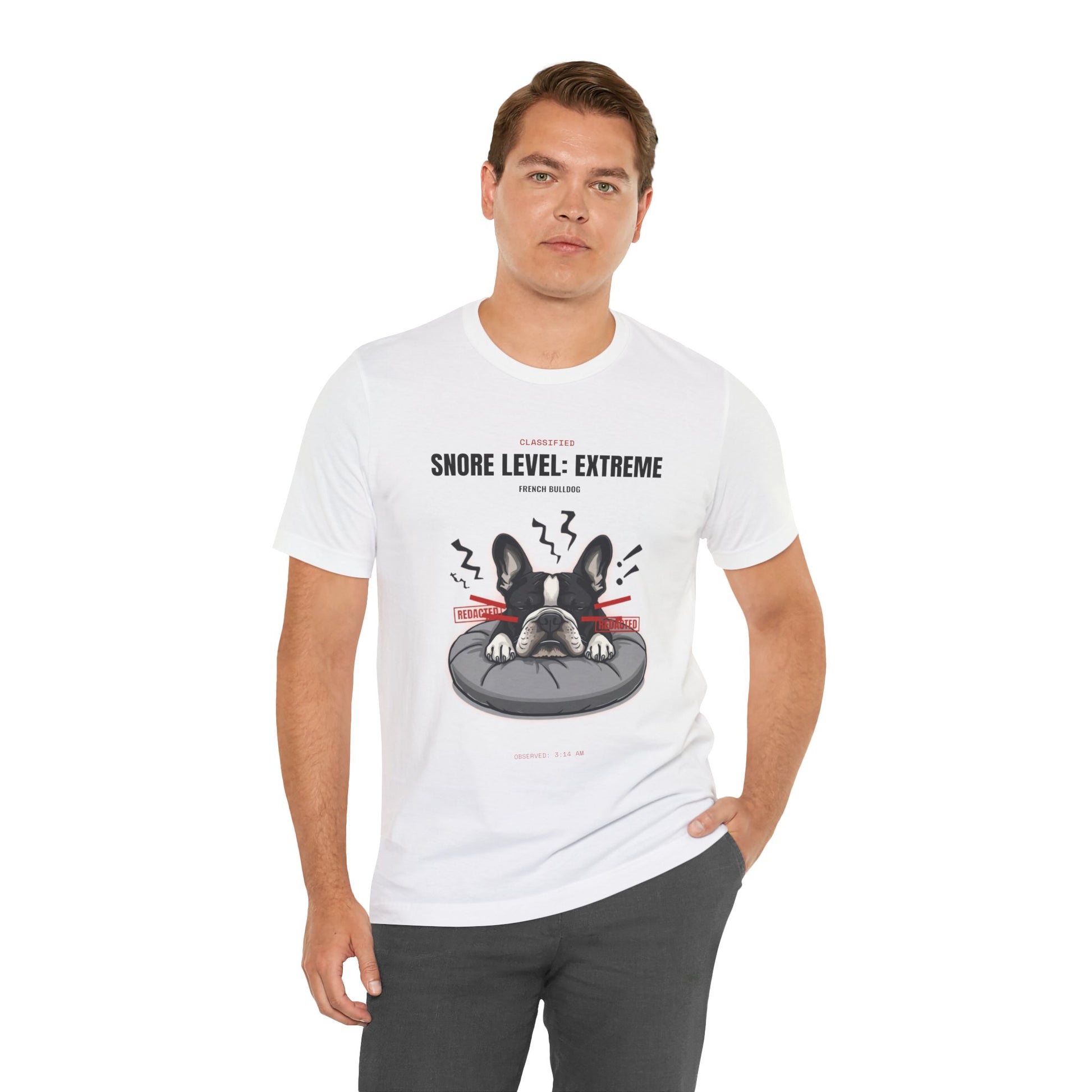 Snore Level Extreme French Bulldog t-shirt worn by model, front angle