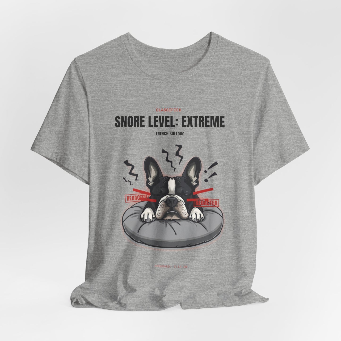 Snore Level Extreme French Bulldog t-shirt worn by model, full body shot