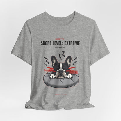 Snore Level Extreme French Bulldog t-shirt worn by model, full body shot