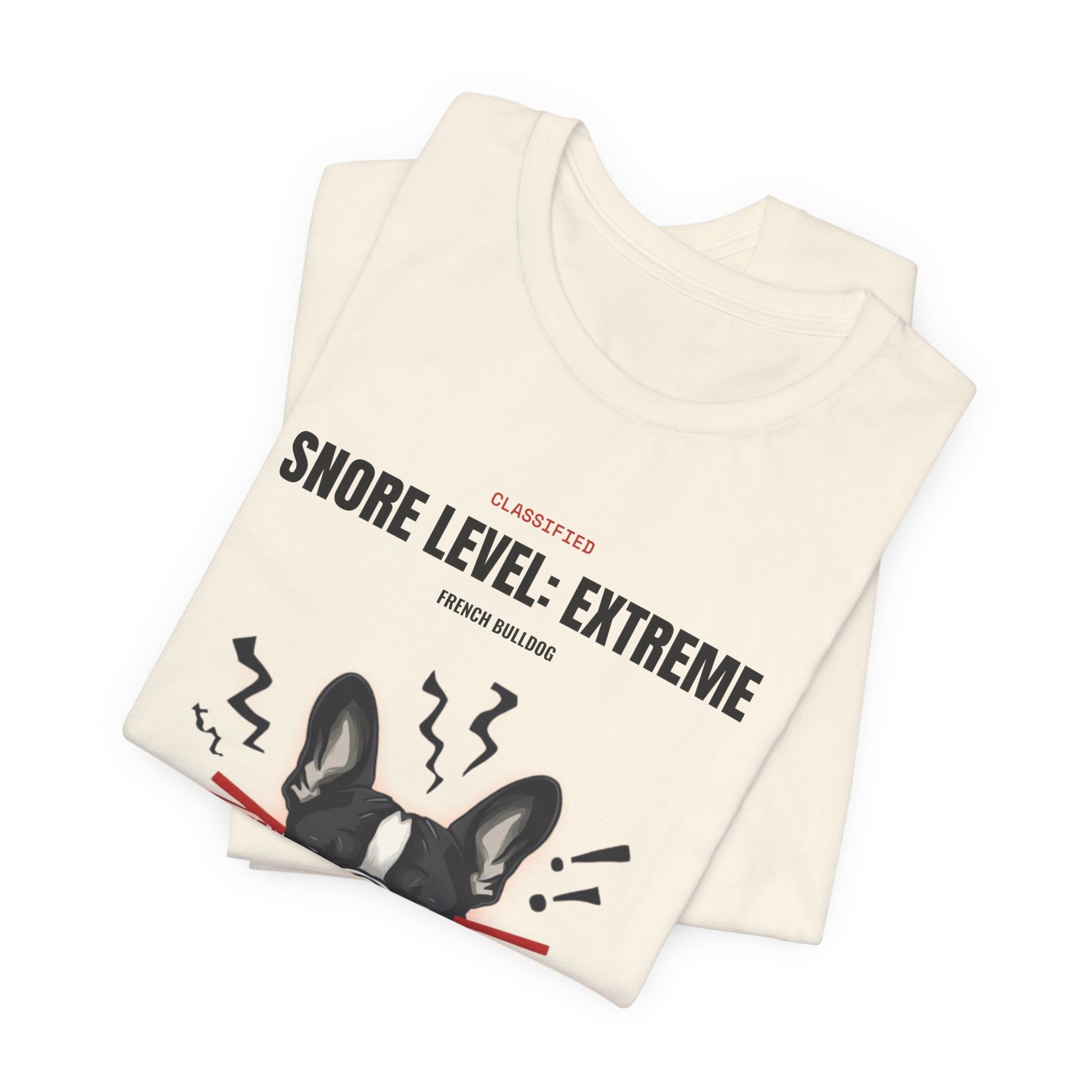 Snore Level Extreme French Bulldog t-shirt worn by model, outdoor setting