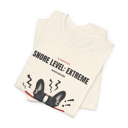 Snore Level Extreme French Bulldog t-shirt worn by model, outdoor setting