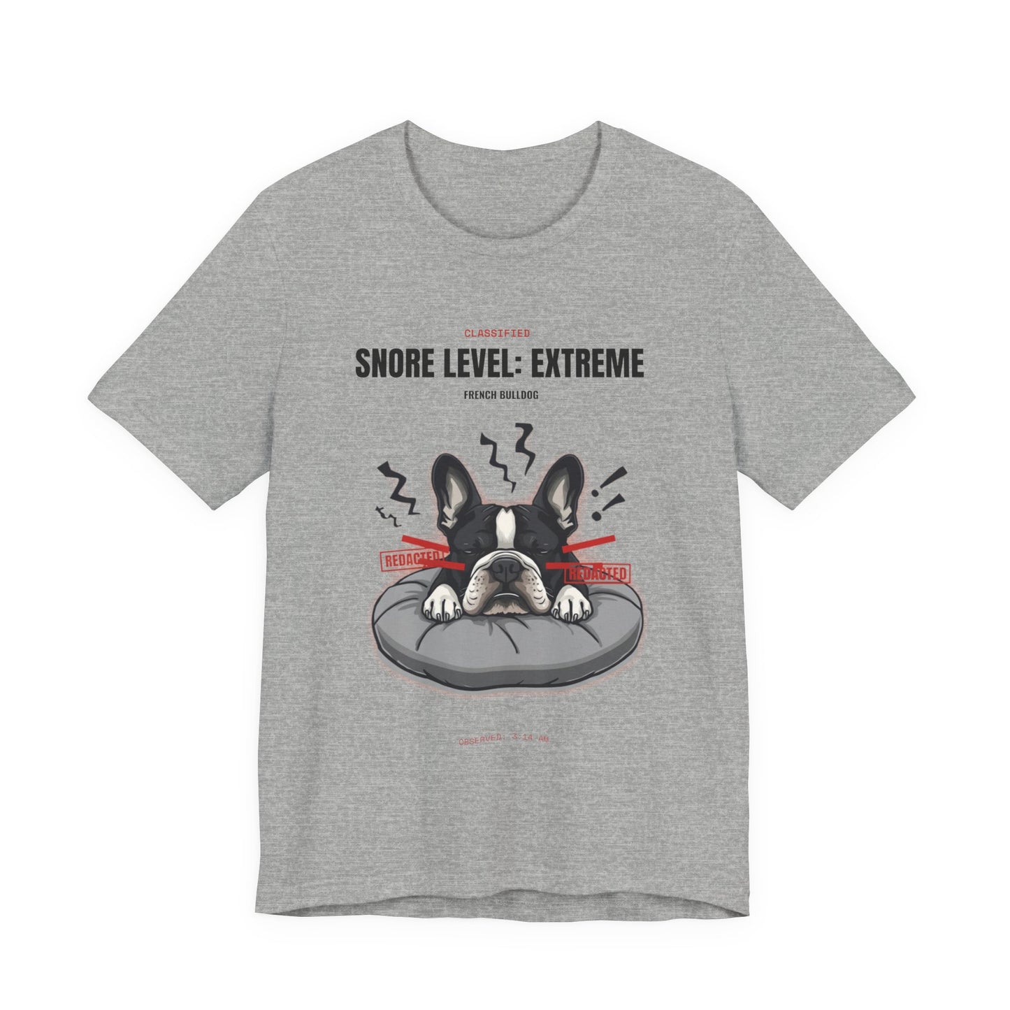 Snore Level Extreme French Bulldog t-shirt worn by model, seated shot