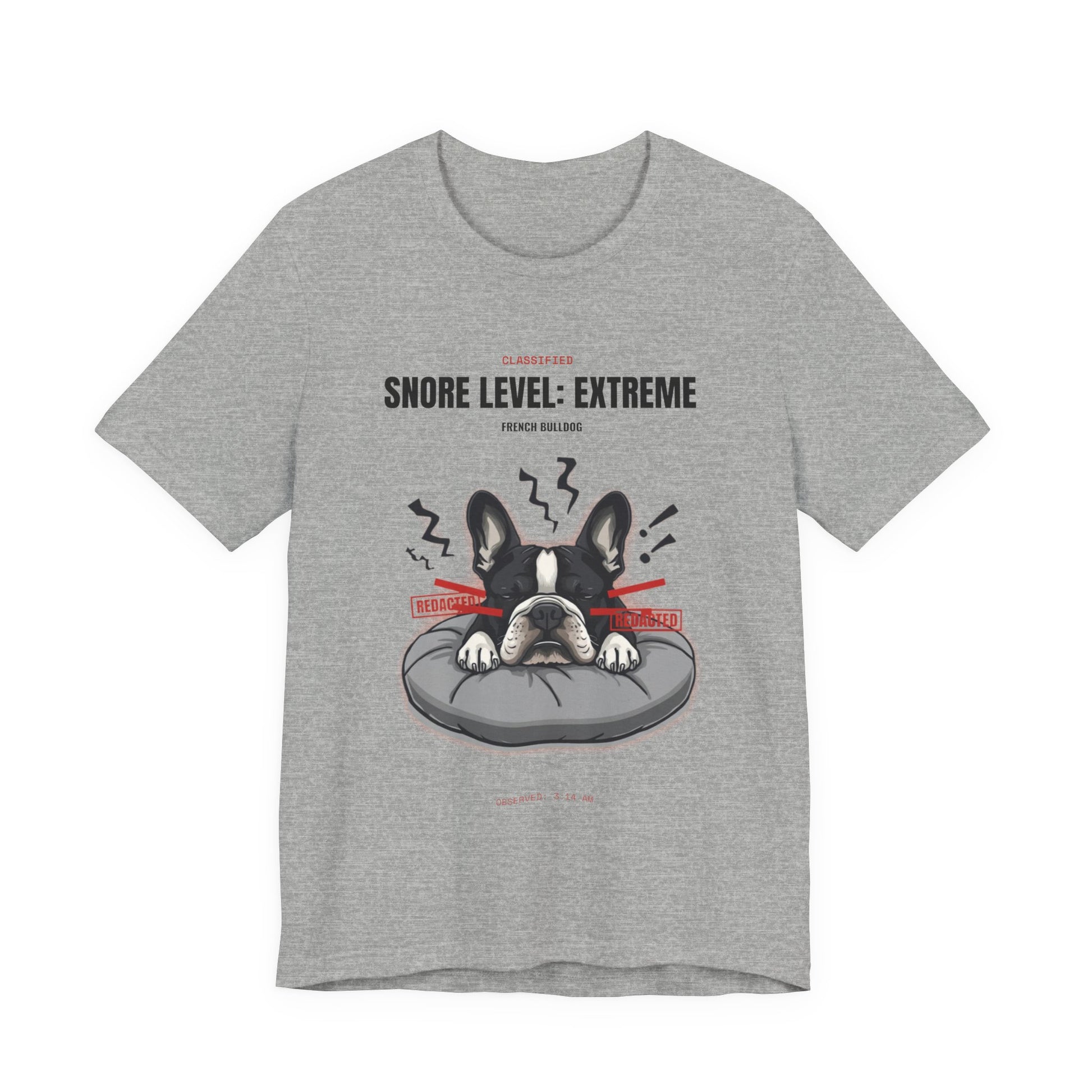 Snore Level Extreme French Bulldog t-shirt worn by model, seated shot