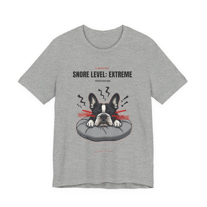 Snore Level Extreme French Bulldog t-shirt worn by model, seated shot