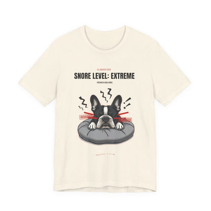 Snore Level Extreme French Bulldog t-shirt worn by model, three-quarter view