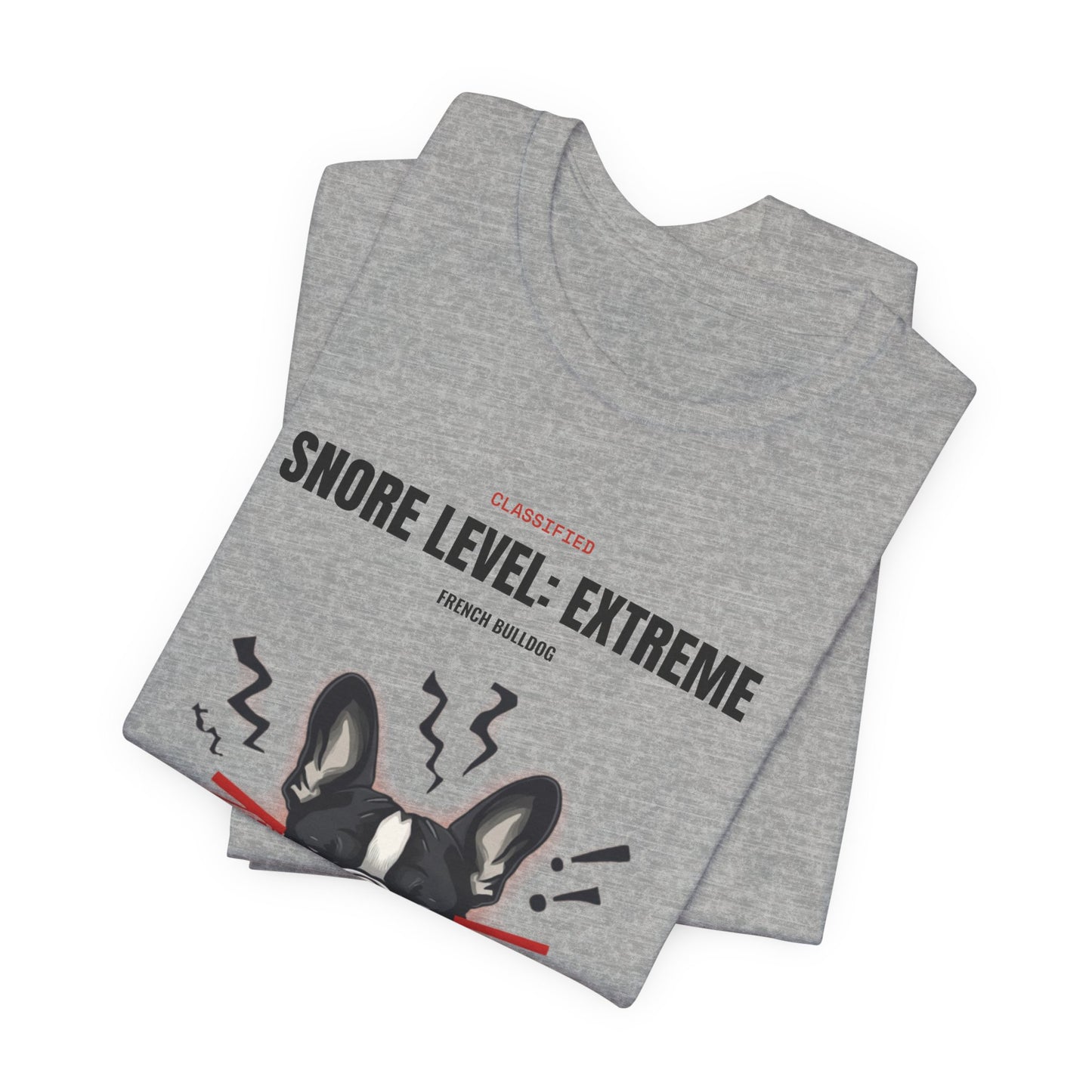 Snore Level Extreme French Bulldog t-shirt, neckline and seam detail