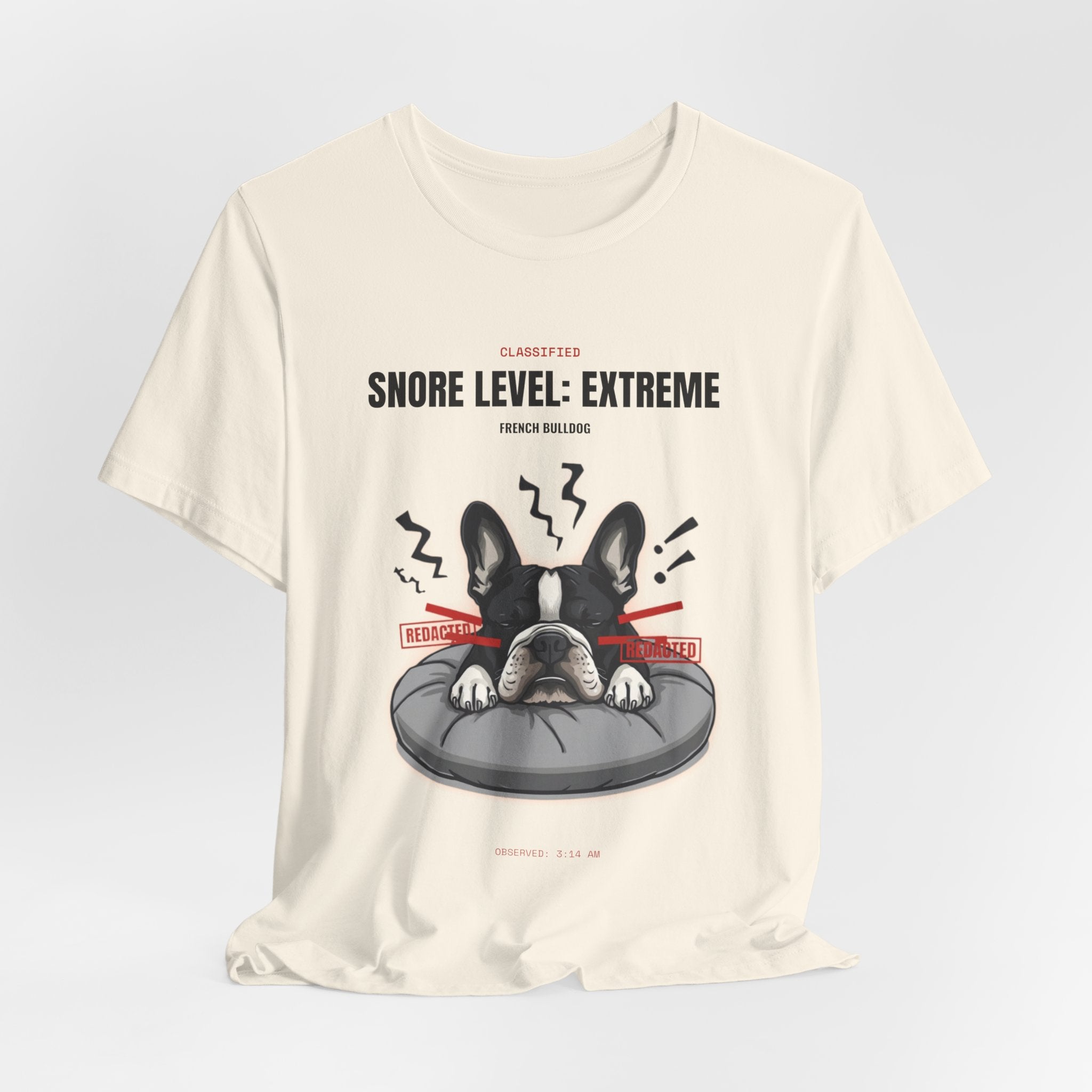 Snore Level Extreme French Bulldog t-shirt, design print detail close-up