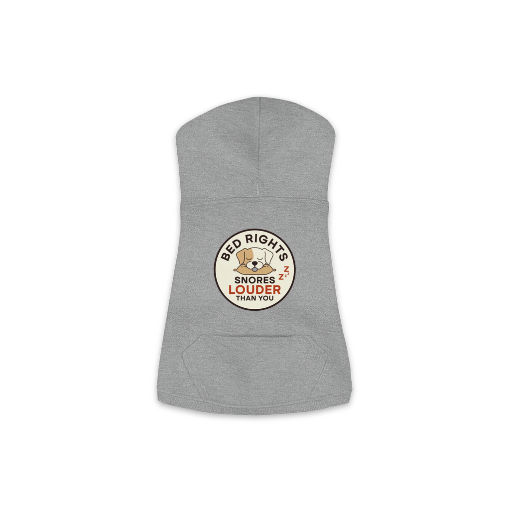 Snores Louder Than You dog hoodie in granite heather grey, sizes XS to M