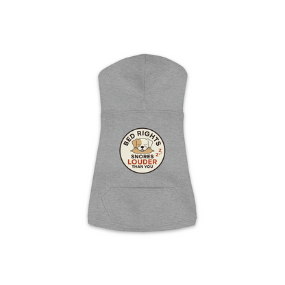 Snores Louder Than You dog hoodie in granite heather grey, sizes XS to M
