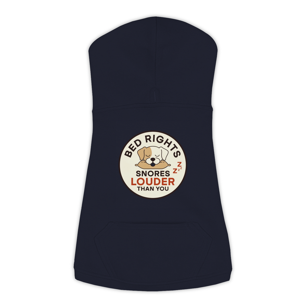Snores Louder Than You funny dog hoodie in navy, sizes L to 3XL