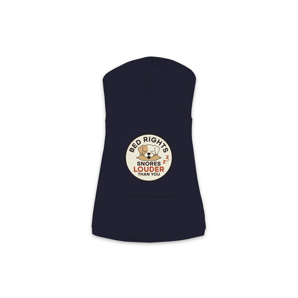 Snores Louder Than You dog hoodie in navy, sizes XS to M