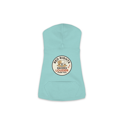 Snores Louder Than You dog hoodie in saltwater blue, sizes XS to M
