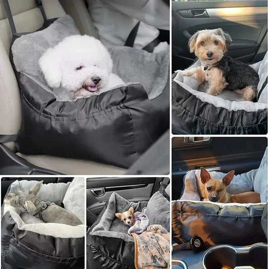 Collage of dogs in a car seat cover in various positions.