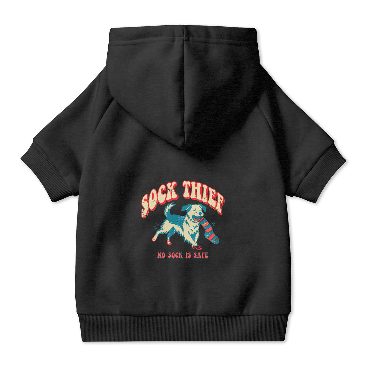 Sock Thief Dog Hoodie in Black, back view — SniffWaggleNWalk™