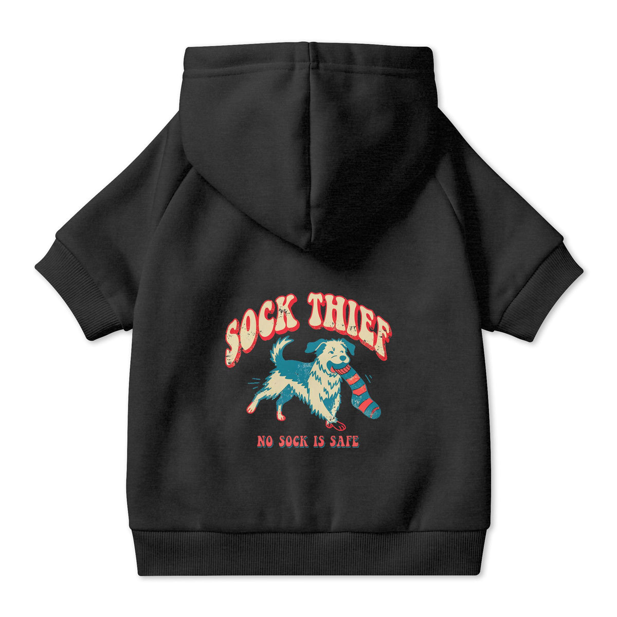 Sock Thief Dog Hoodie in Black, back view — SniffWaggleNWalk™