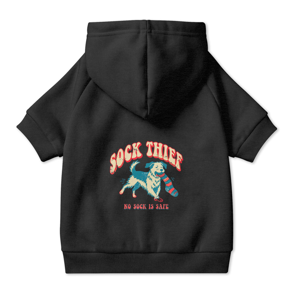 Sock Thief Dog Hoodie in Black, back view — SniffWaggleNWalk™