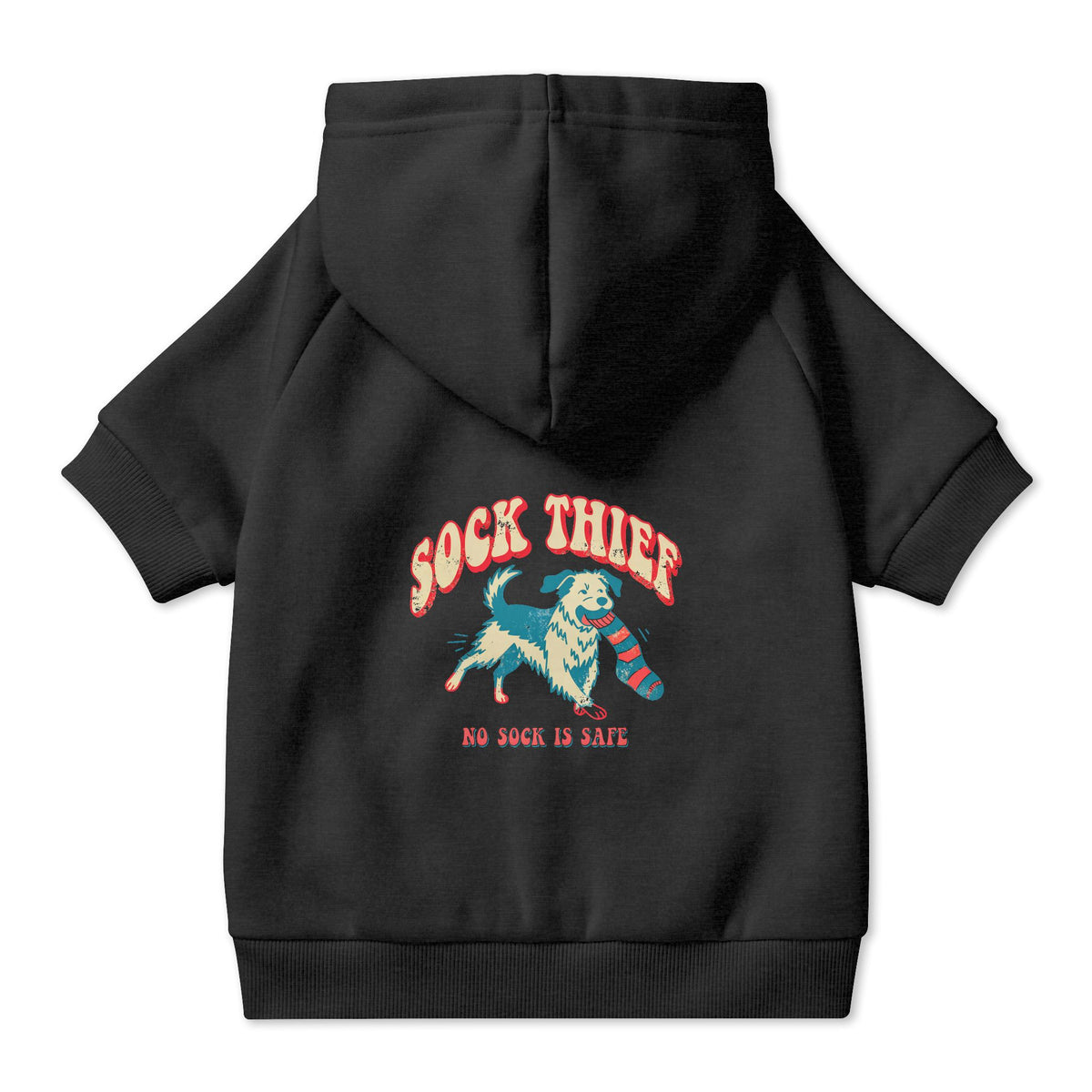 Sock Thief Dog Hoodie in Black, back view — SniffWaggleNWalk™