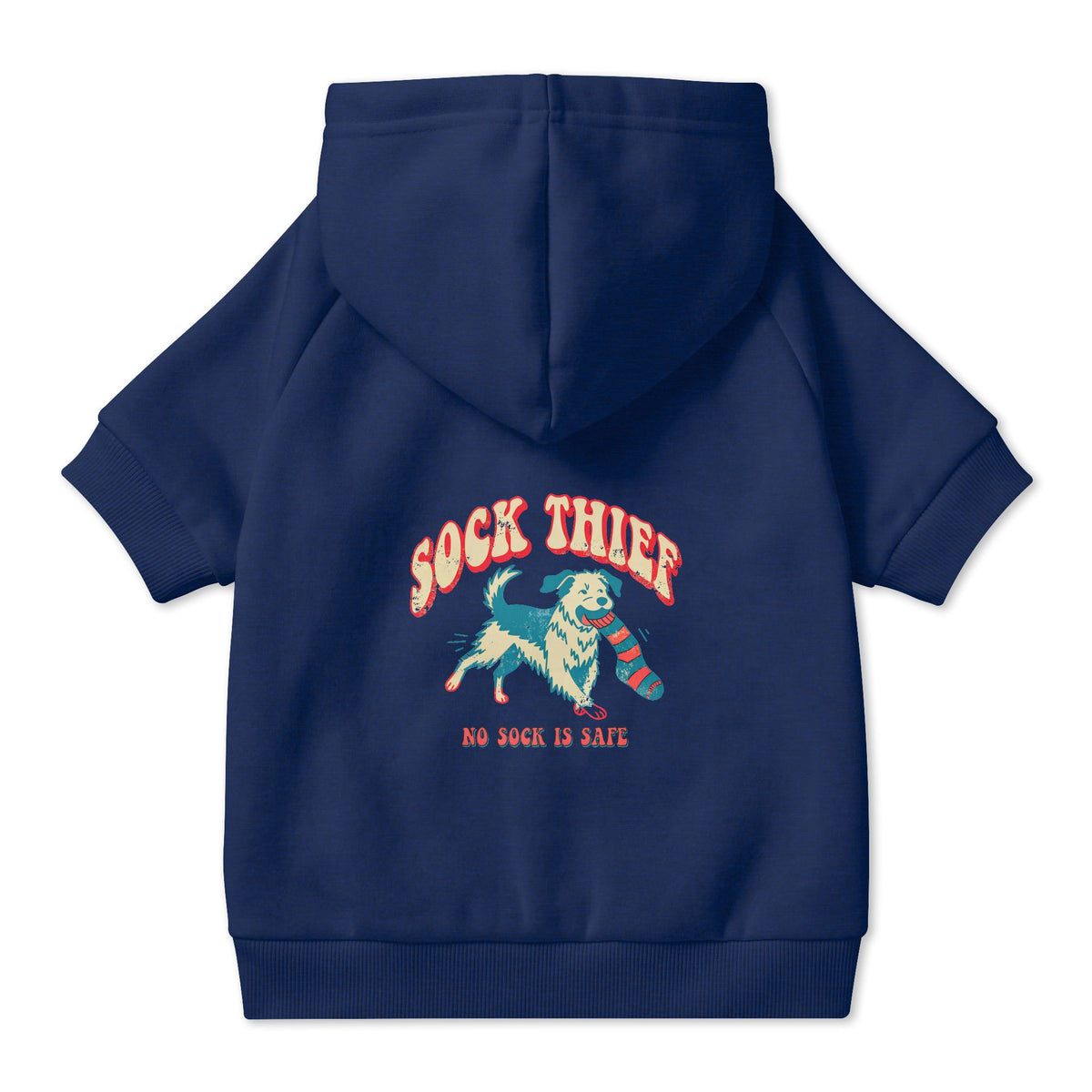 Sock Thief Dog Hoodie in Navy, back view — SniffWaggleNWalk™