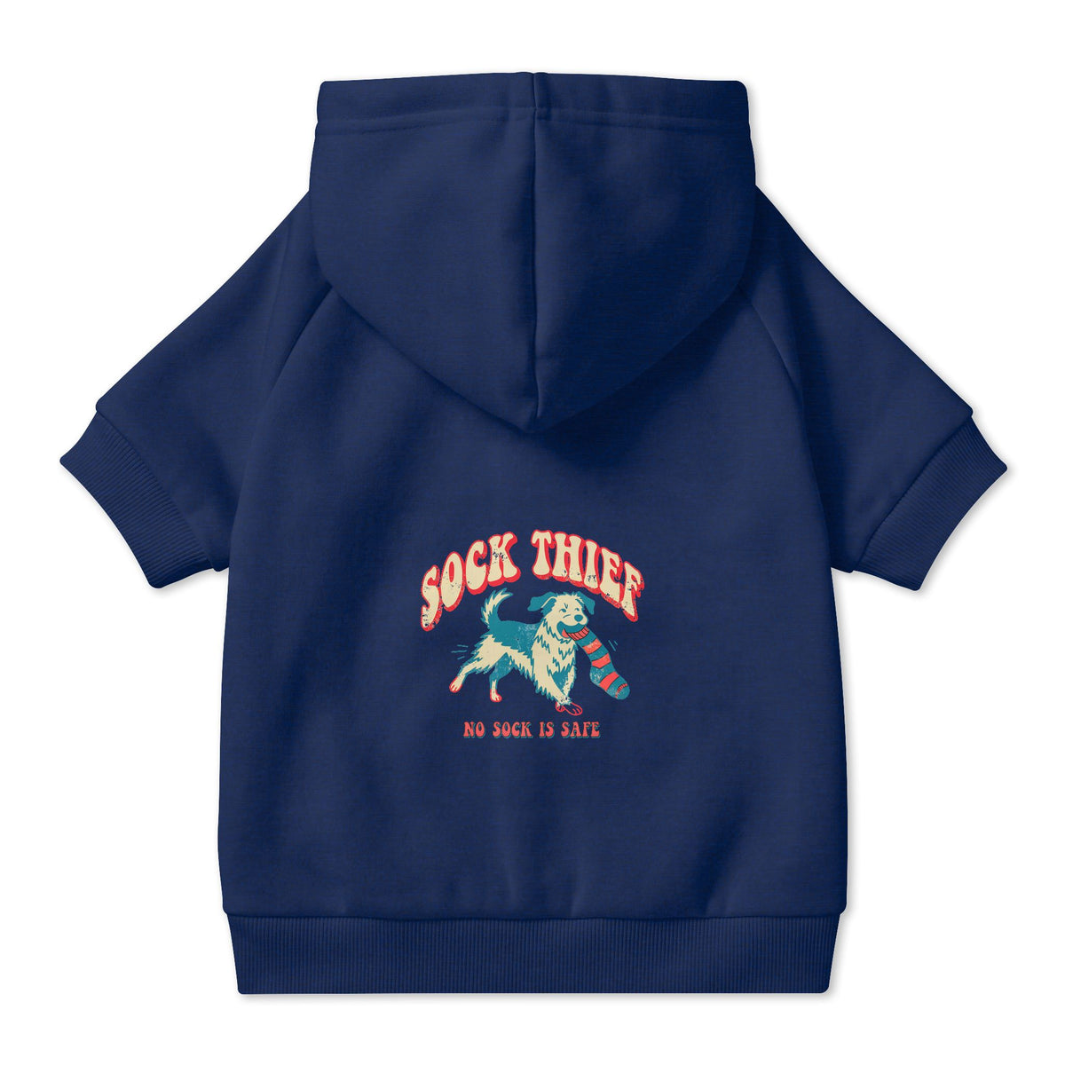 Sock Thief Dog Hoodie in Navy, back view — SniffWaggleNWalk™