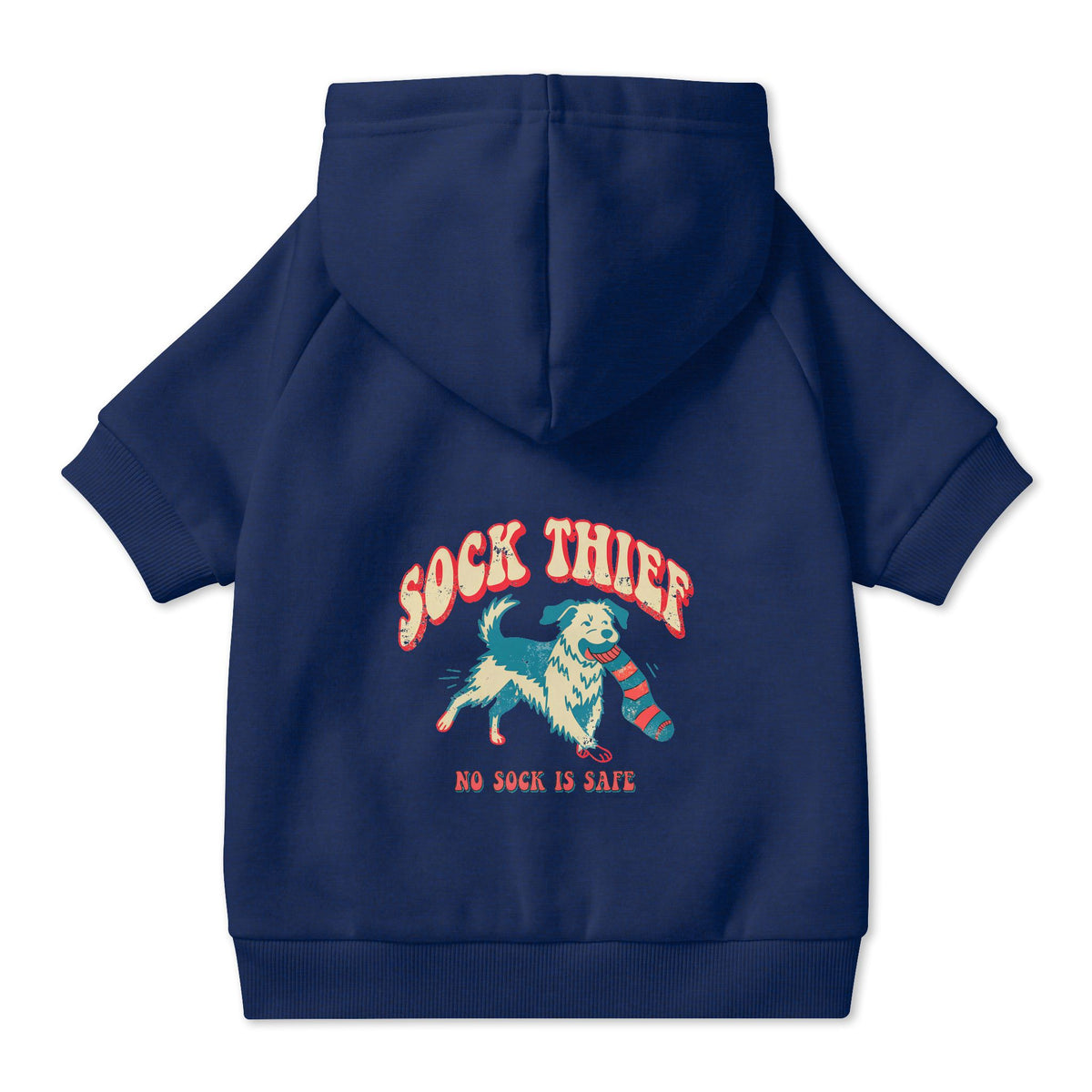 Sock Thief Dog Hoodie in Navy, back view — SniffWaggleNWalk™
