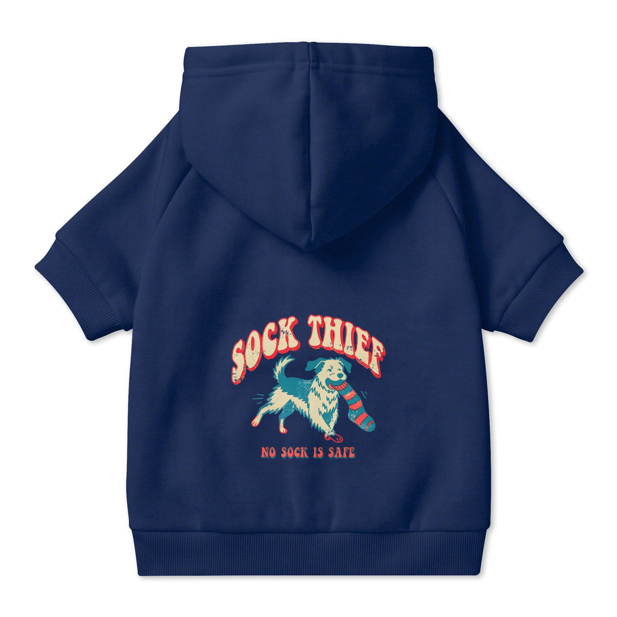Sock Thief Dog Hoodie in Navy, back view — SniffWaggleNWalk™