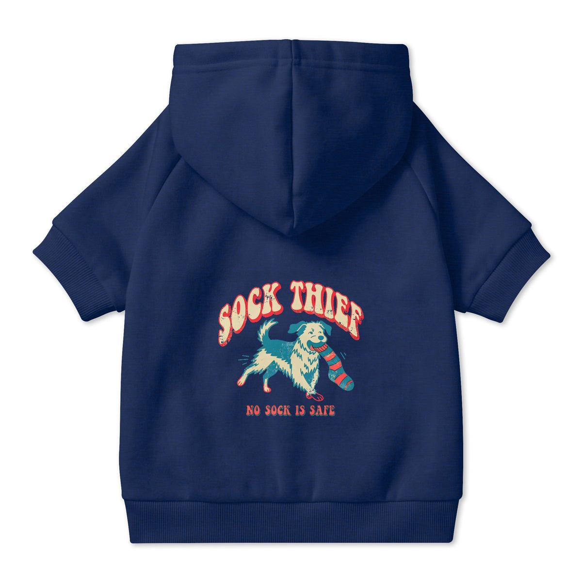 Sock Thief Dog Hoodie in Navy, back view — SniffWaggleNWalk™