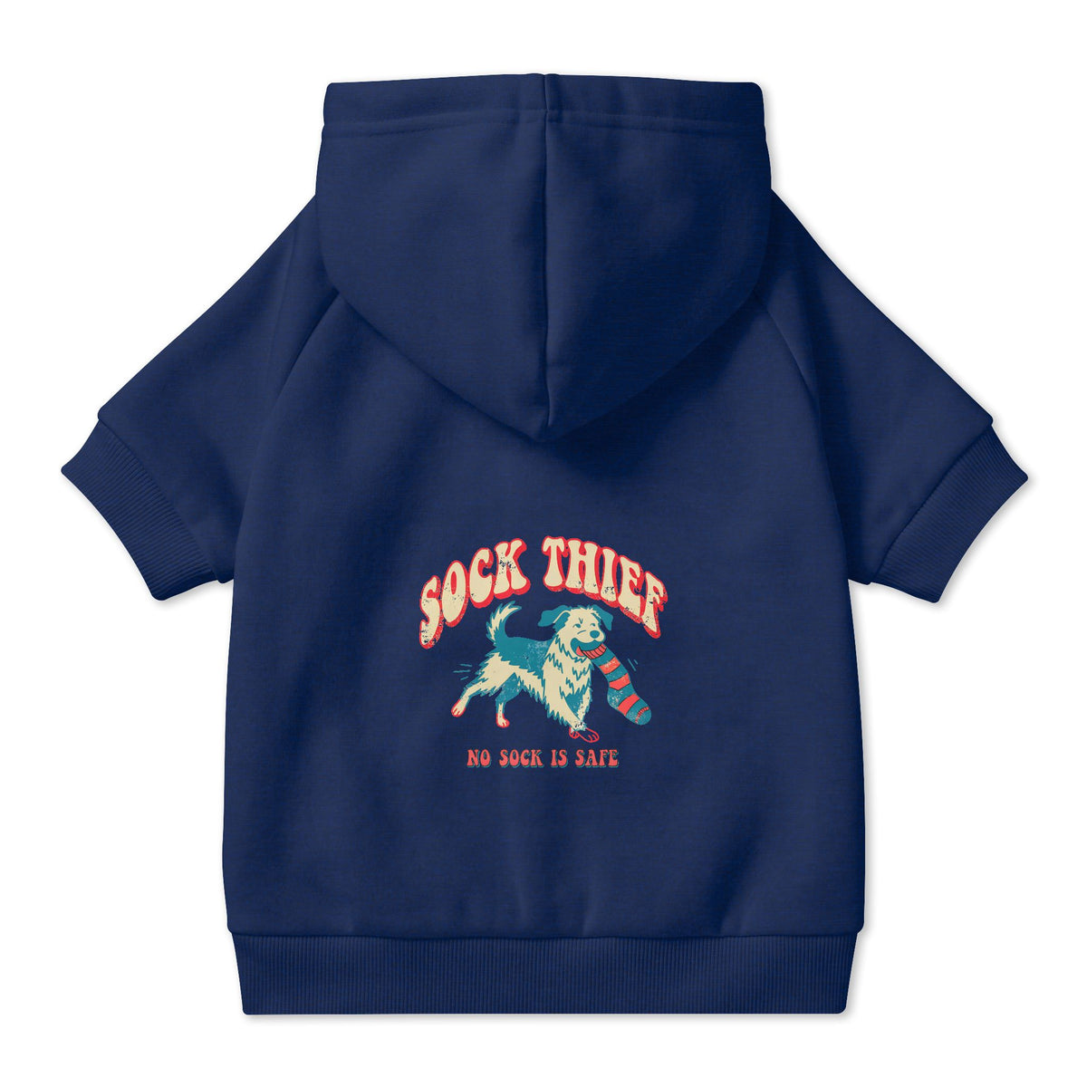 Sock Thief Dog Hoodie in Navy, back view — SniffWaggleNWalk™