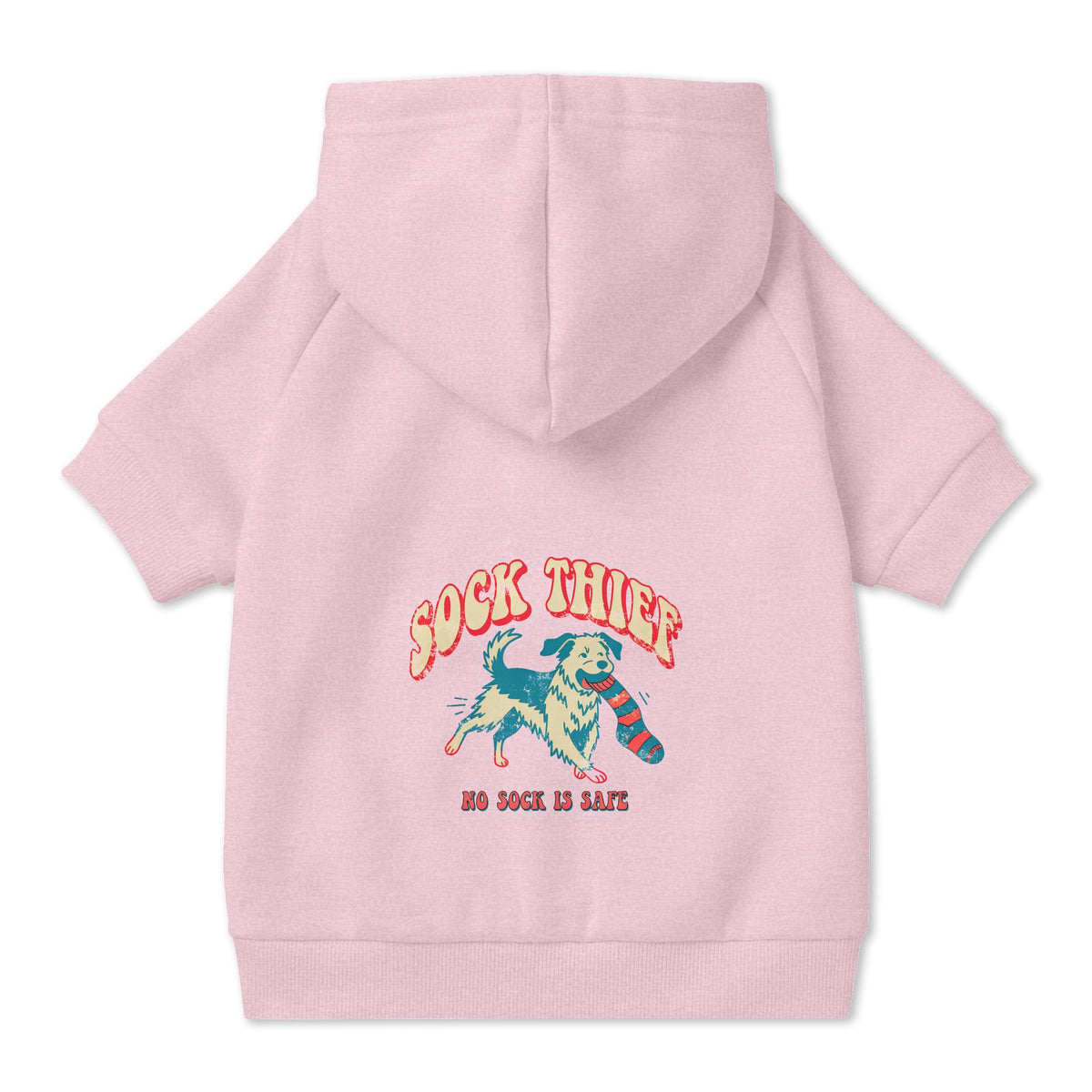 Sock Thief Dog Hoodie in Pink, back view — SniffWaggleNWalk™