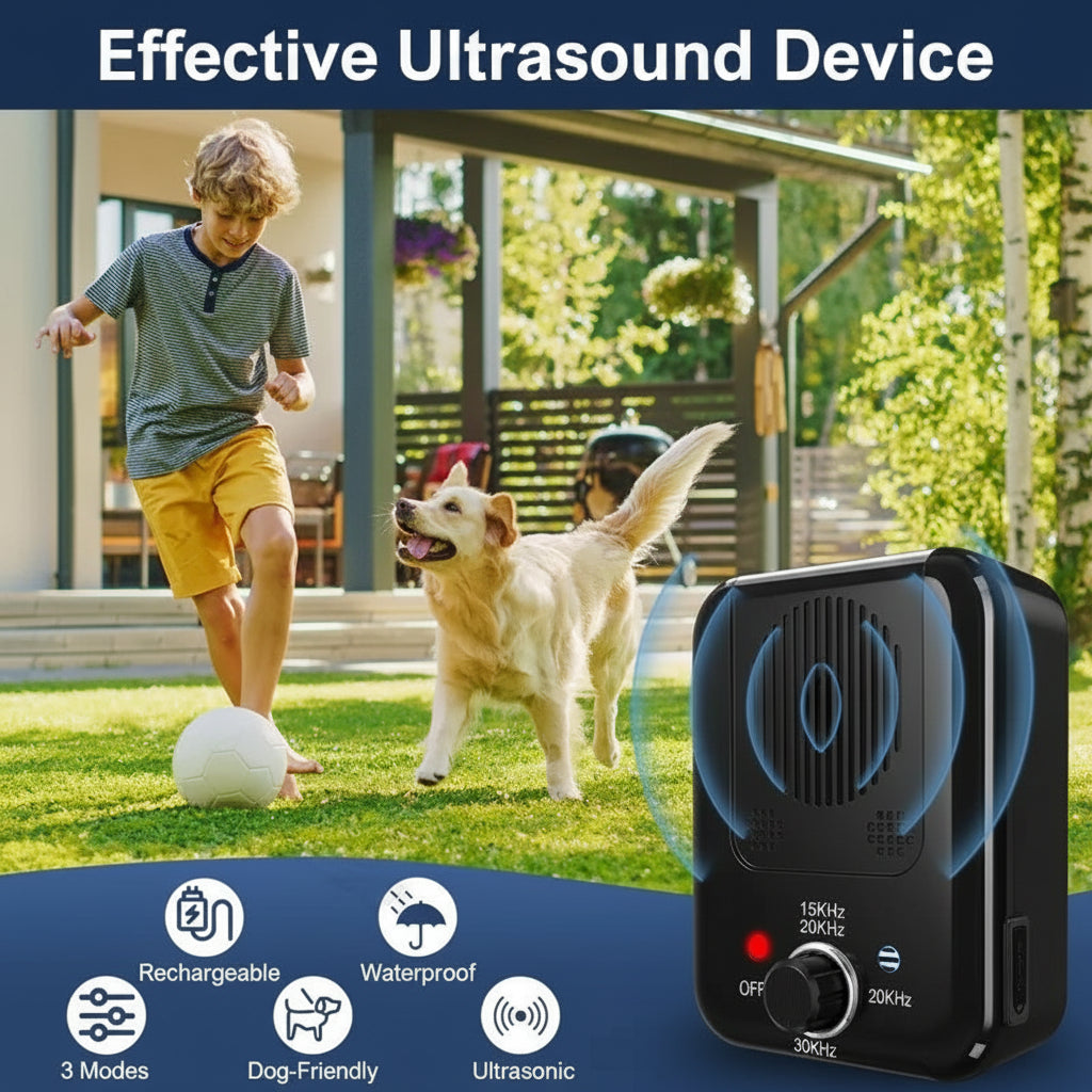 SonicPeace Pro anti-bark device — frequency guide by dog size: small dogs 30 kHz, docile dogs 20 kHz, large dogs 15–30 kHz