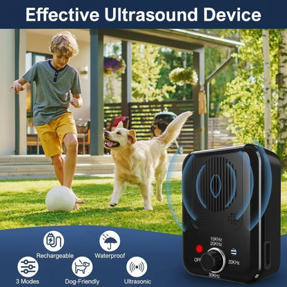 SonicPeace Pro anti-bark device — frequency guide by dog size: small dogs 30 kHz, docile dogs 20 kHz, large dogs 15–30 kHz
