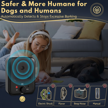 Dog owner relaxing in garden with calm dog — SonicPeace Pro anti-bark device on fence in background