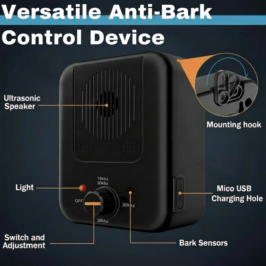 SonicPeace Pro anti-bark device — close-up of three-mode frequency dial: 15 kHz, 20 kHz, and 30 kHz