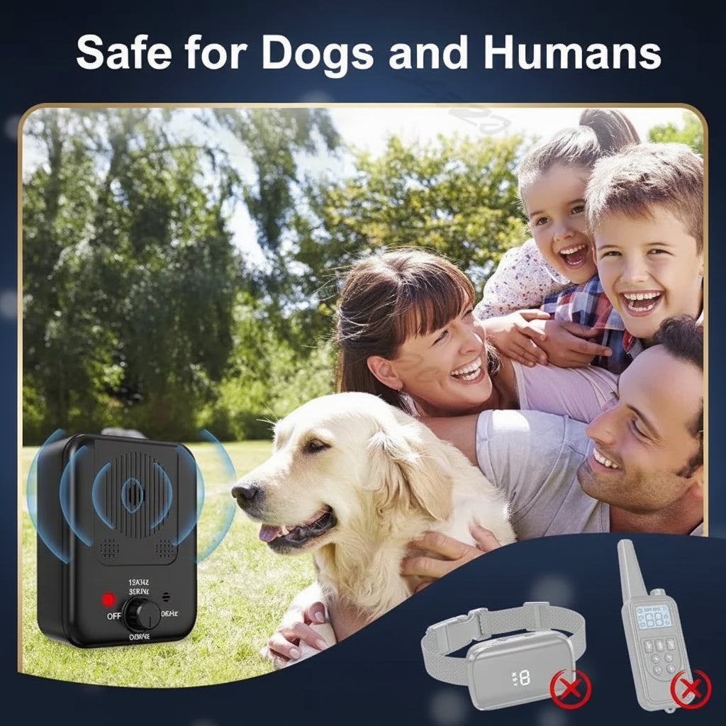 SonicPeace Pro multi-function bark control device — mounting hook, bark sensor, ultrasonic speaker, and charging port labelled