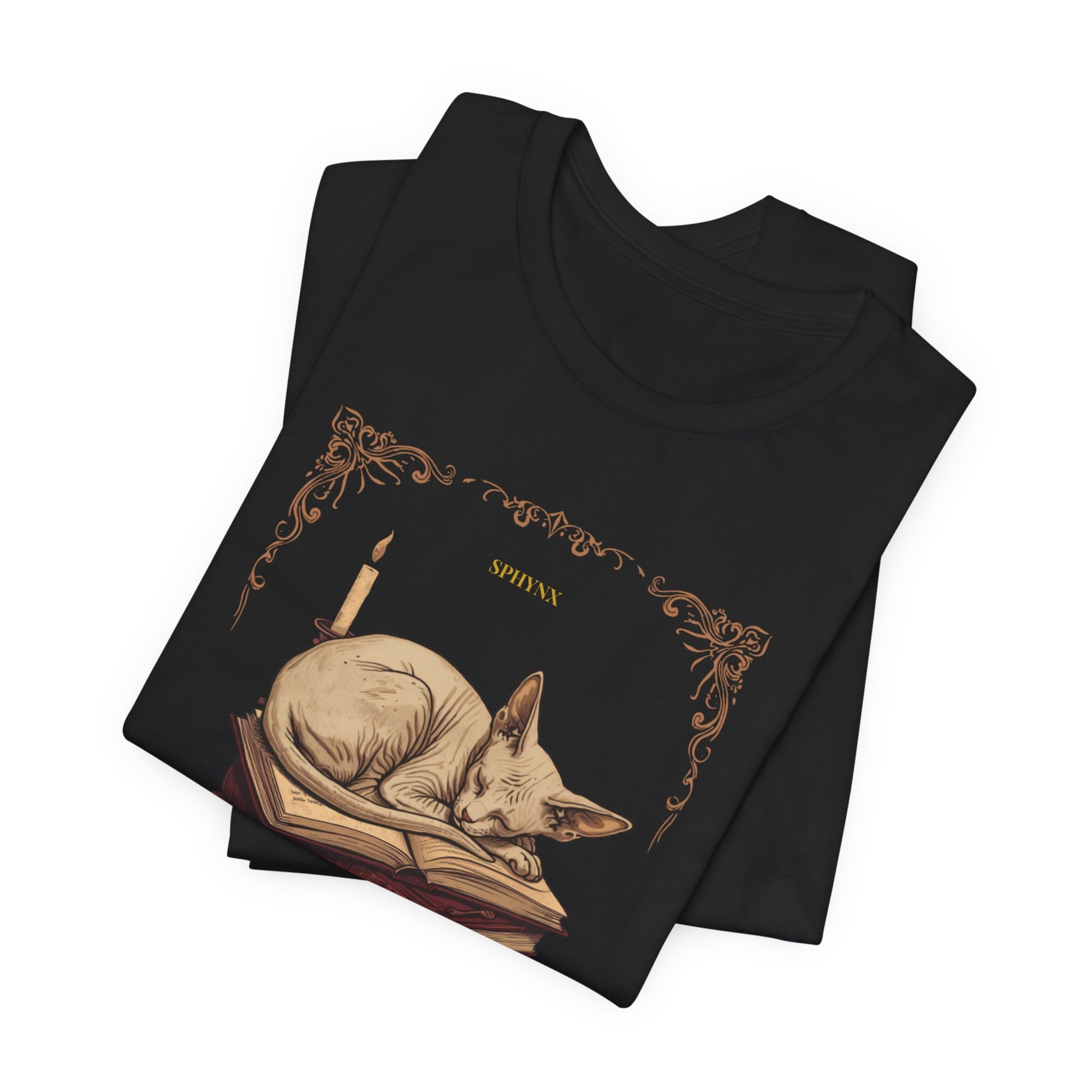 Sphynx cat dark academia tee lifestyle shot